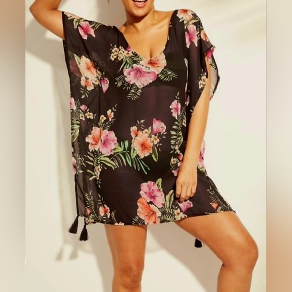 Kona Sol Tops - Kona Sol Floral Tassel Tropical Hawaiian Boho Chiffon Coverup ~ XL ~ Multicolor